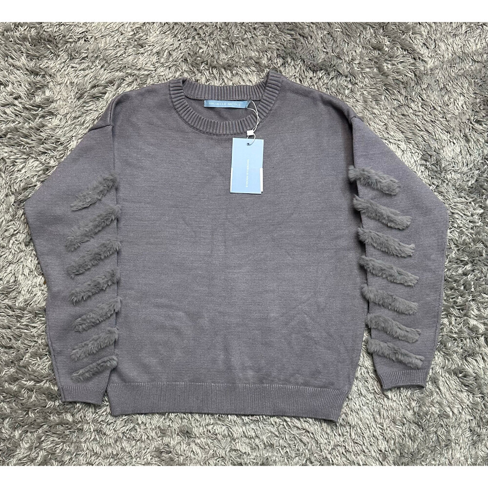 NWT Michelle Nicole women's sweater Faux Fur long Sleeve crew neck size S Grey